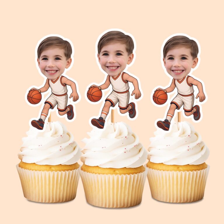 Custom White-Uniform Basketball Player Face Cutout – Cupcake Topper Custom White-Uniform Basketball Player Face Cutout shown on a cupcake topper mockup