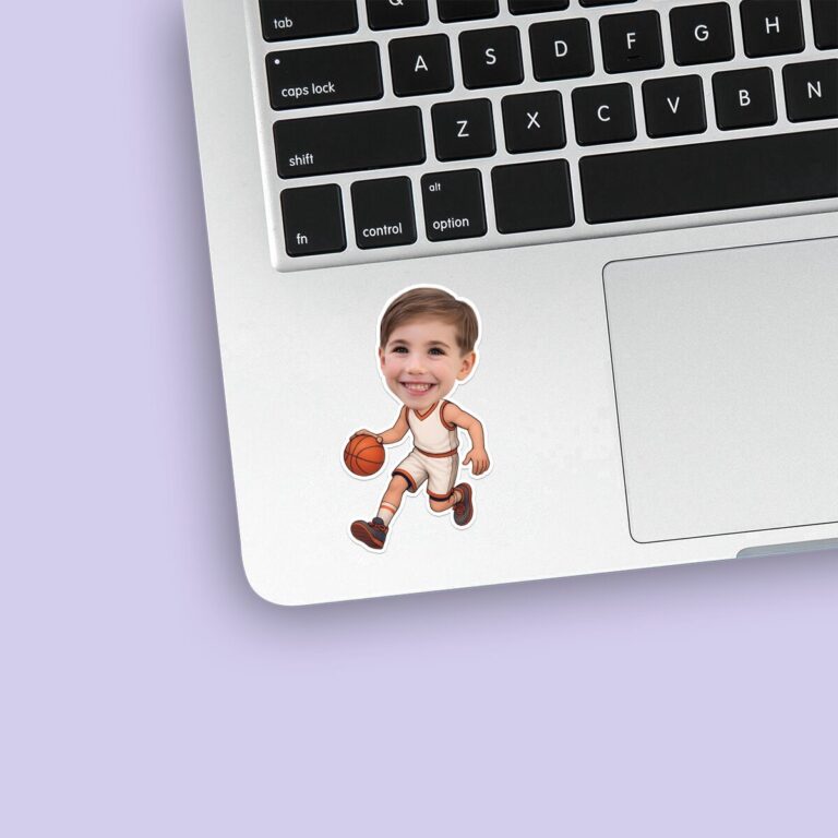 Custom White-Uniform Basketball Player Face Cutout – Sticker Custom White-Uniform Basketball Player Face Cutout shown on a sticker mockup