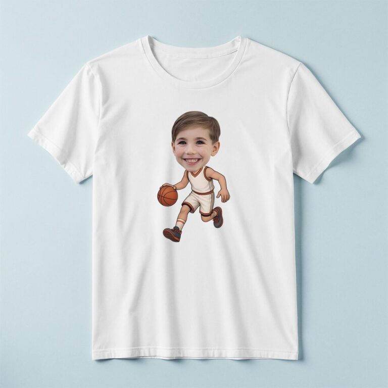 Custom White-Uniform Basketball Player Face Cutout – T-shirt Custom White-Uniform Basketball Player Face Cutout shown on a T-shirt mockup