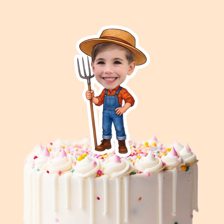 Custom Farmer Holding Orange Check Shirt Face Cutout – Cake Topper Custom Farmer Holding Orange Check Shirt Face Cutout shown on a cake topper mockup