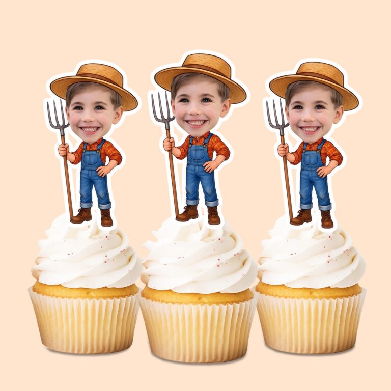Custom Farmer Holding Orange Check Shirt Face Cutout – Cupcake Topper Custom Farmer Holding Orange Check Shirt Face Cutout shown on a cupcake topper mockup