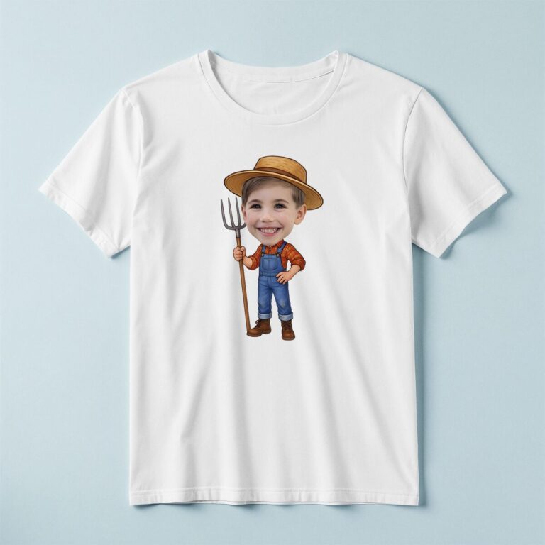 Custom Farmer Holding Orange Check Shirt Face Cutout – T-shirt Custom Farmer Holding Orange Check Shirt Face Cutout shown on a T-shirt mockup