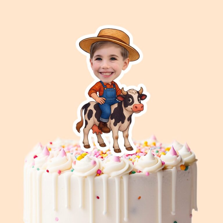 Custom Farmer Riding a Black Straw Hat Face Cutout – Cake Topper Custom Farmer Riding a Black Straw Hat Face Cutout shown on a cake topper mockup