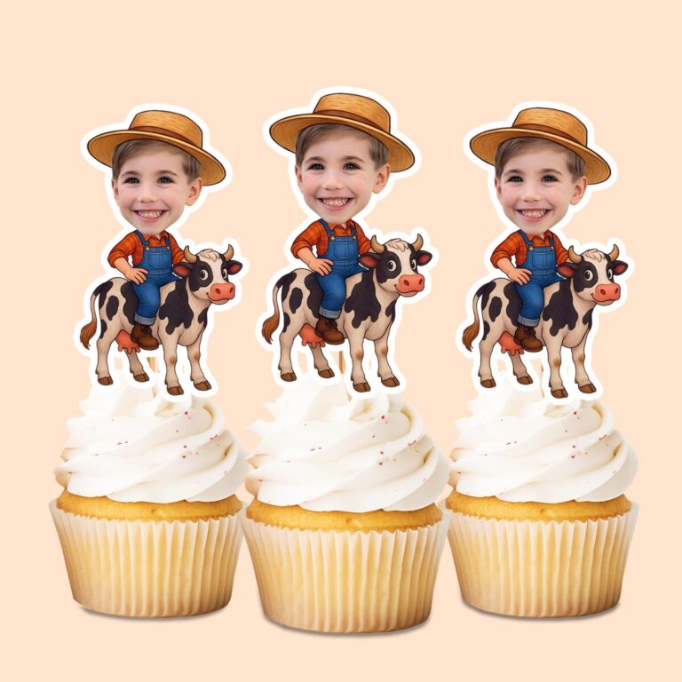 Custom Farmer Riding a Black Straw Hat Face Cutout – Cupcake Topper Custom Farmer Riding a Black Straw Hat Face Cutout shown on a cupcake topper mockup