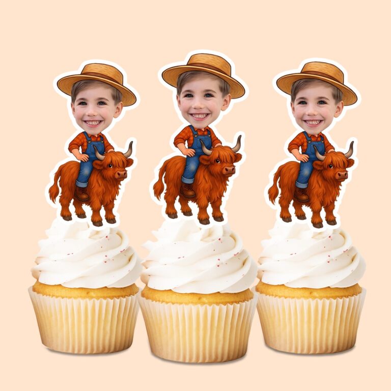 Custom Farmer Riding a Highland Cow Face Cutout – Cupcake Topper Custom Farmer Riding a Highland Cow Face Cutout shown on a cupcake topper mockup