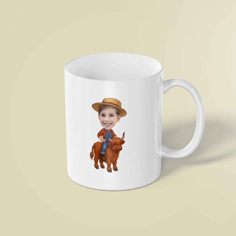 Custom Farmer Riding a Highland Cow Face Cutout – Mug Custom Farmer Riding a Highland Cow Face Cutout shown on a mug mockup
