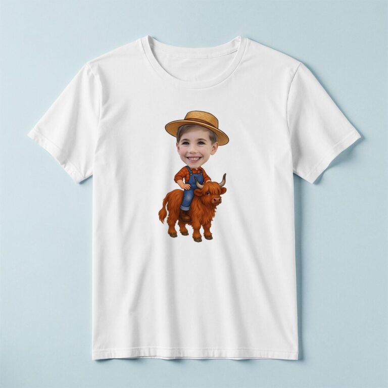 Custom Farmer Riding a Highland Cow Face Cutout – T-shirt Custom Farmer Riding a Highland Cow Face Cutout shown on a T-shirt mockup