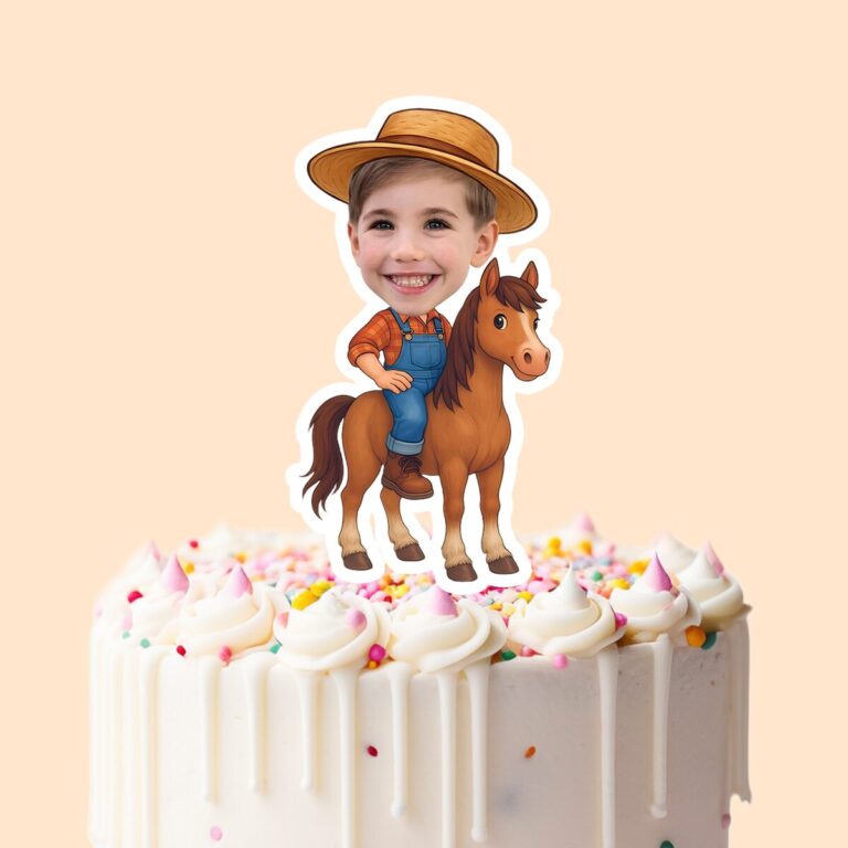 Custom Farmer Riding a Horse Face Cutout – Cake Topper Custom Farmer Riding a Horse Face Cutout shown on a cake topper mockup