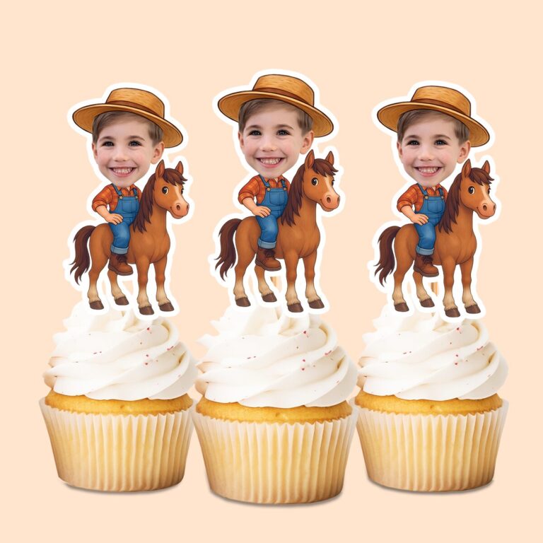 Custom Farmer Riding a Horse Face Cutout – Cupcake Topper Custom Farmer Riding a Horse Face Cutout shown on a cupcake topper mockup