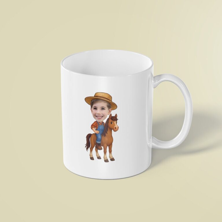Custom Farmer Riding a Horse Face Cutout – Mug Custom Farmer Riding a Horse Face Cutout shown on a mug mockup