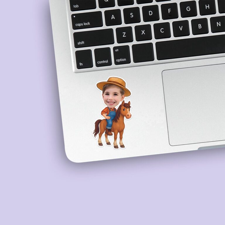 Custom Farmer Riding a Horse Face Cutout – Sticker Custom Farmer Riding a Horse Face Cutout shown on a sticker mockup