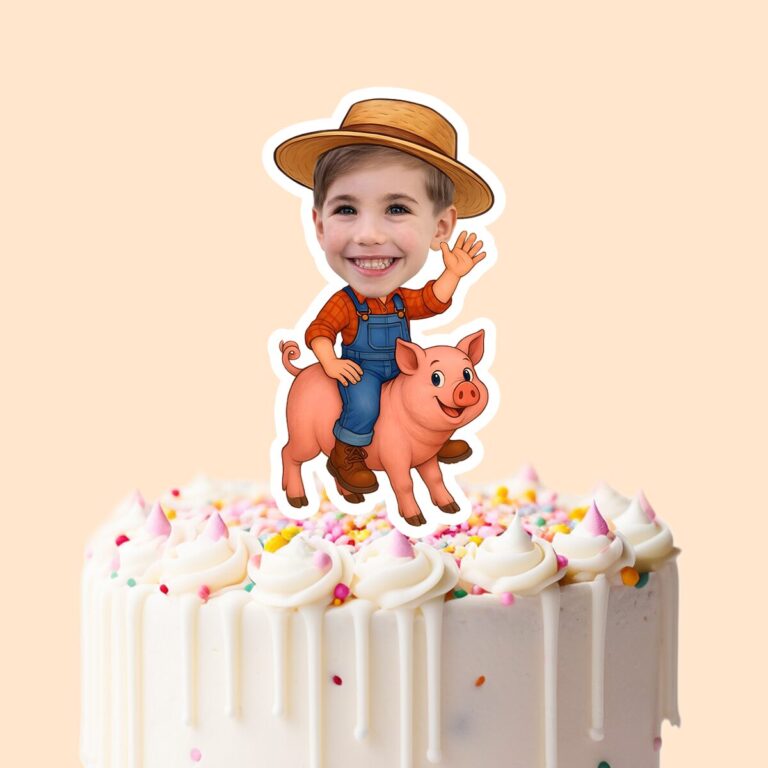 Custom Farmer Riding a Pig Face Cutout – Cake Topper Custom Farmer Riding a Pig Face Cutout shown on a cake topper mockup