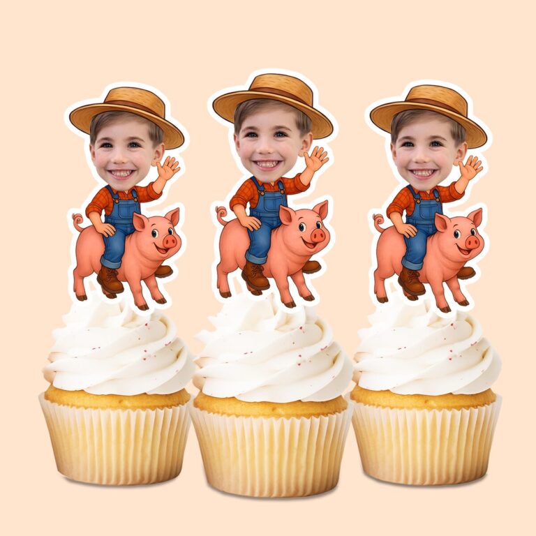 Custom Farmer Riding a Pig Face Cutout – Cupcake Topper Custom Farmer Riding a Pig Face Cutout shown on a cupcake topper mockup