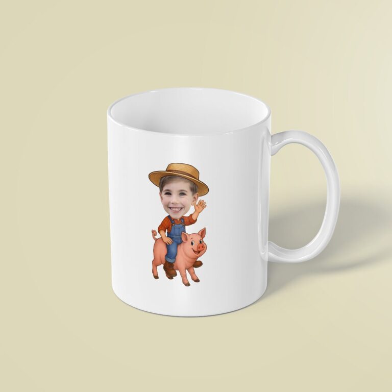 Custom Farmer Riding a Pig Face Cutout – Mug Custom Farmer Riding a Pig Face Cutout shown on a mug mockup