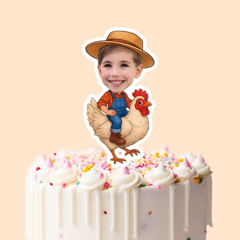 Custom Farmer Riding a Chicken Face Cutout – Cake Topper Custom Farmer Riding a Chicken Face Cutout shown on a cake topper mockup