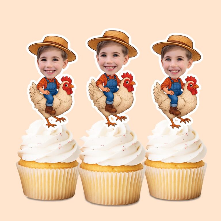 Custom Farmer Riding a Chicken Face Cutout – Cupcake Topper Custom Farmer Riding a Chicken Face Cutout shown on a cupcake topper mockup