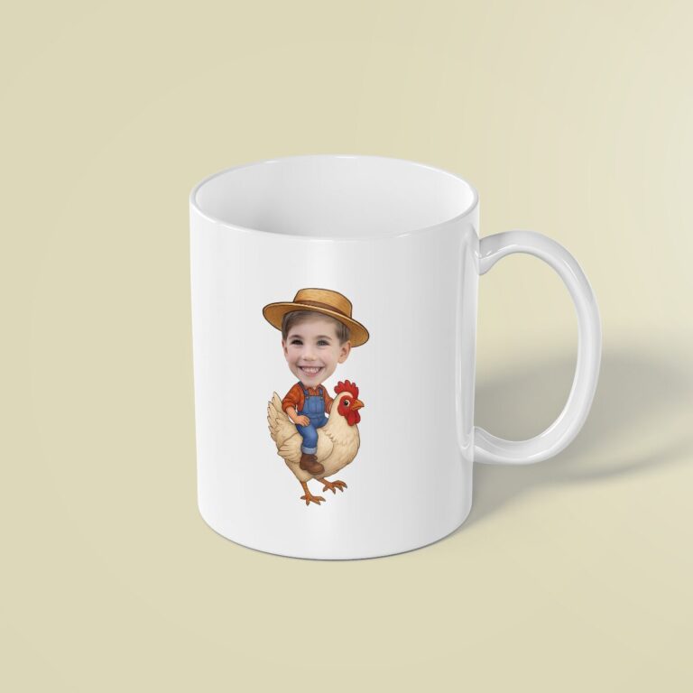 Custom Farmer Riding a Chicken Face Cutout – Mug Custom Farmer Riding a Chicken Face Cutout shown on a mug mockup