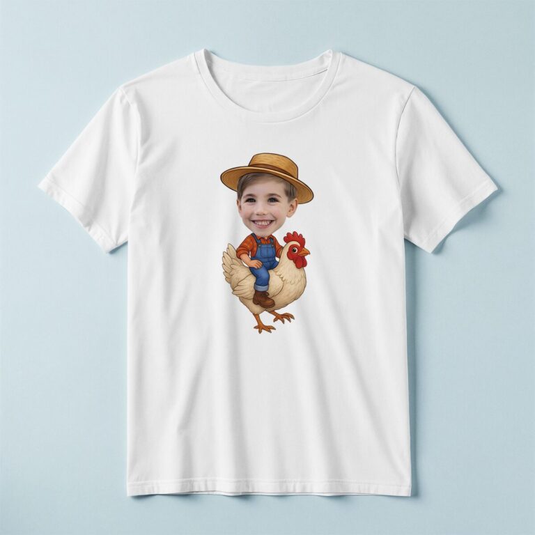 Custom Farmer Riding a Chicken Face Cutout – T-shirt Custom Farmer Riding a Chicken Face Cutout shown on a T-shirt mockup