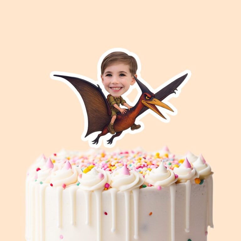 Custom Child Flying on a Pterosaur Face Cutout – Cake Topper Custom Child Flying on a Pterosaur Face Cutout shown on a cake topper mockup