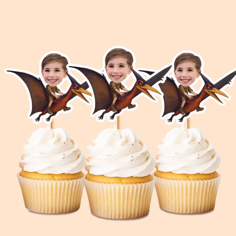 Custom Child Flying on a Pterosaur Face Cutout – Cupcake Topper Custom Child Flying on a Pterosaur Face Cutout shown on a cupcake topper mockup