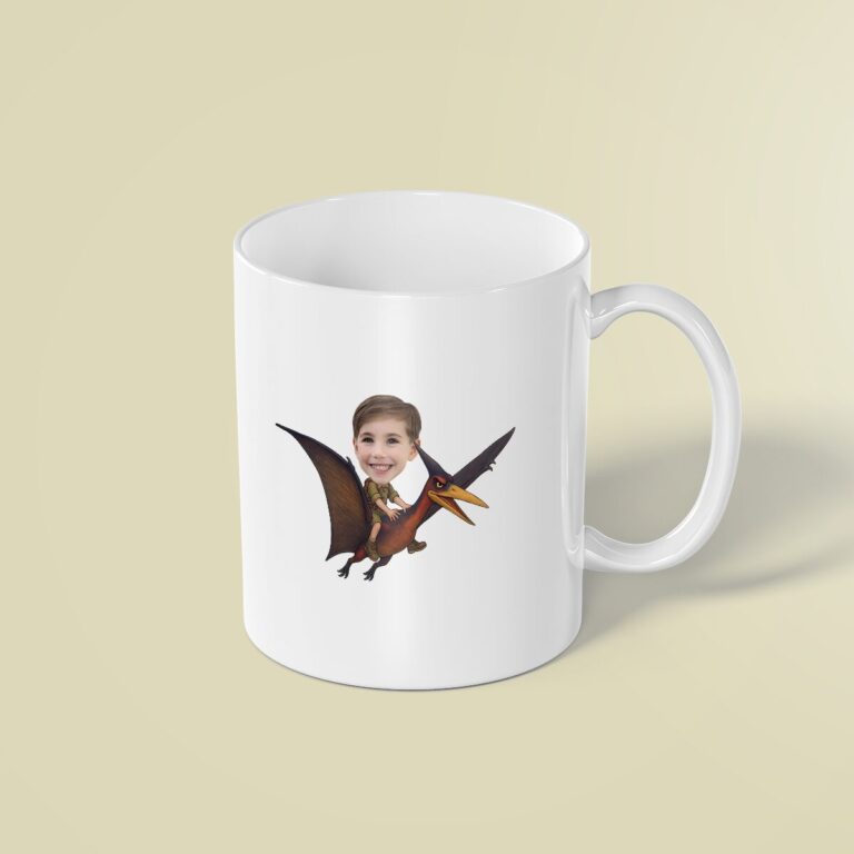 Custom Child Flying on a Pterosaur Face Cutout – Mug Custom Child Flying on a Pterosaur Face Cutout shown on a mug mockup