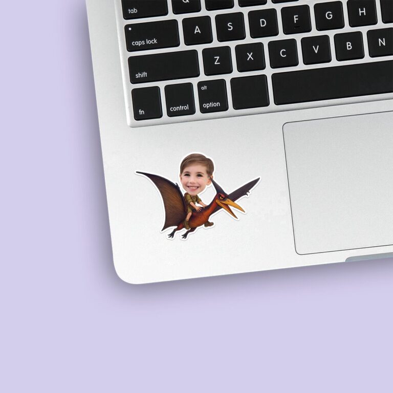 Custom Child Flying on a Pterosaur Face Cutout – Sticker Custom Child Flying on a Pterosaur Face Cutout shown on a sticker mockup