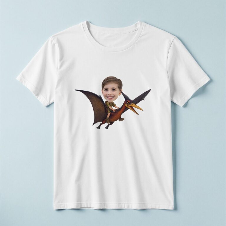 Custom Child Flying on a Pterosaur Face Cutout – T-shirt Custom Child Flying on a Pterosaur Face Cutout shown on a T-shirt mockup