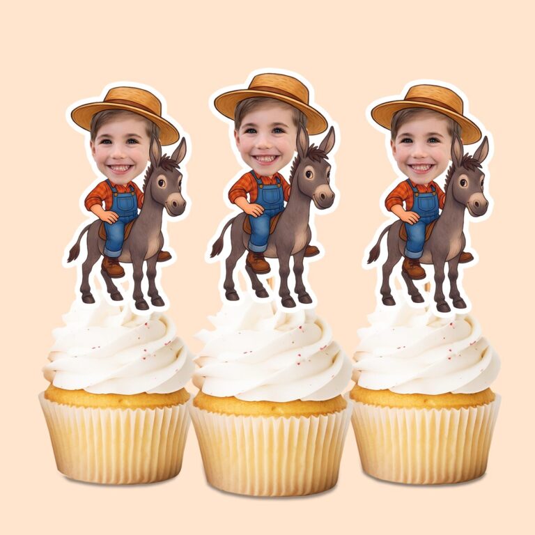 Custom Farmer Riding a Donkey Face Cutout – Cupcake Topper Custom Farmer Riding a Donkey Face Cutout shown on a cupcake topper mockup