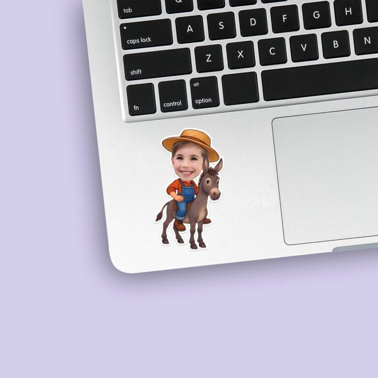 Custom Farmer Riding a Donkey Face Cutout – Sticker Custom Farmer Riding a Donkey Face Cutout shown on a sticker mockup