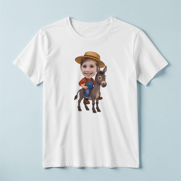 Custom Farmer Riding a Donkey Face Cutout – T-shirt Custom Farmer Riding a Donkey Face Cutout shown on a T-shirt mockup