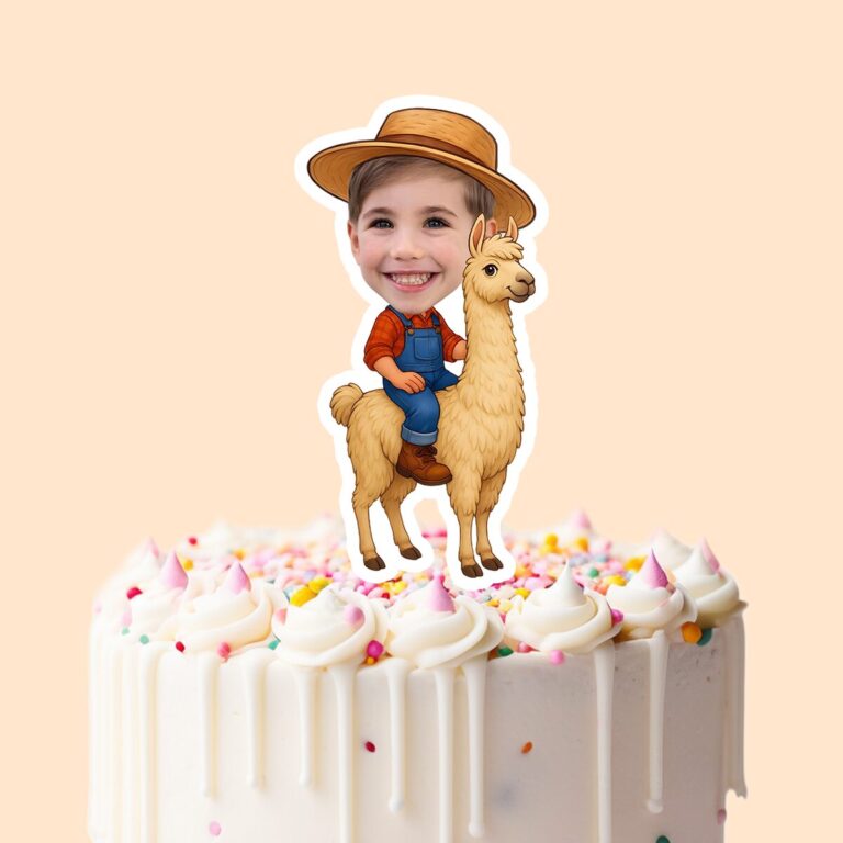 Custom Farmer Riding a Llama Face Cutout – Cake Topper Custom Farmer Riding a Llama Face Cutout shown on a cake topper mockup