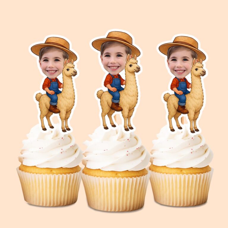 Custom Farmer Riding a Llama Face Cutout – Cupcake Topper Custom Farmer Riding a Llama Face Cutout shown on a cupcake topper mockup