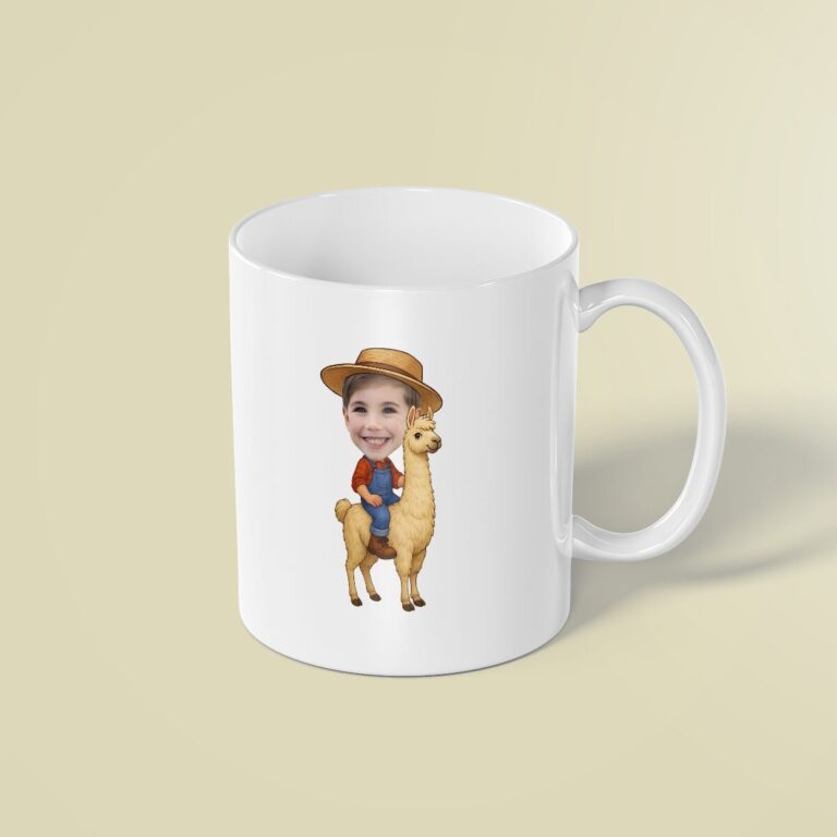Custom Farmer Riding a Llama Face Cutout – Mug Custom Farmer Riding a Llama Face Cutout shown on a mug mockup