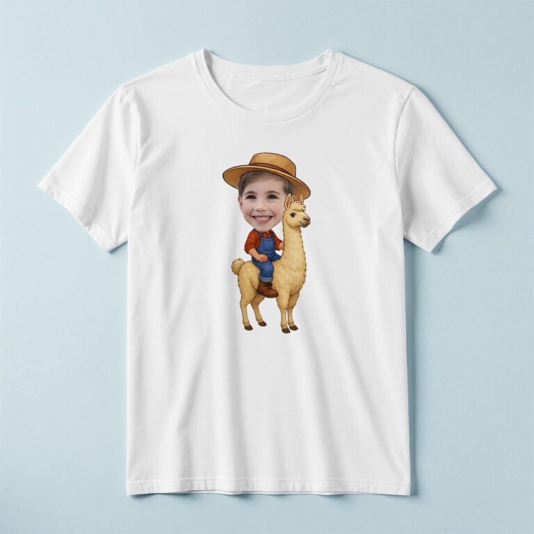 Custom Farmer Riding a Llama Face Cutout – T-shirt Custom Farmer Riding a Llama Face Cutout shown on a T-shirt mockup