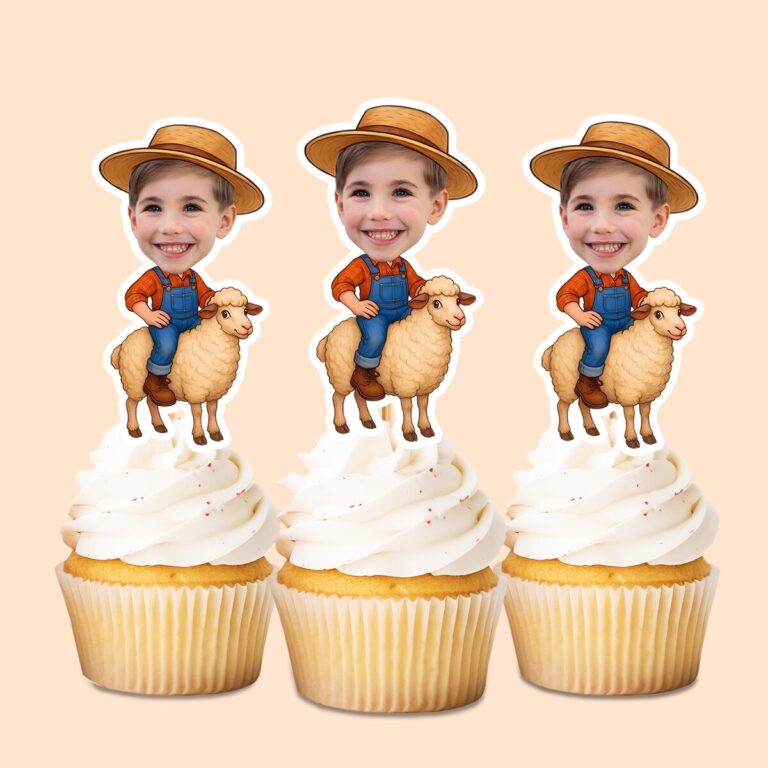 Custom Farmer Riding Orange Check Shirt Face Cutout – Cupcake Topper Custom Farmer Riding Orange Check Shirt Face Cutout shown on a cupcake topper mockup