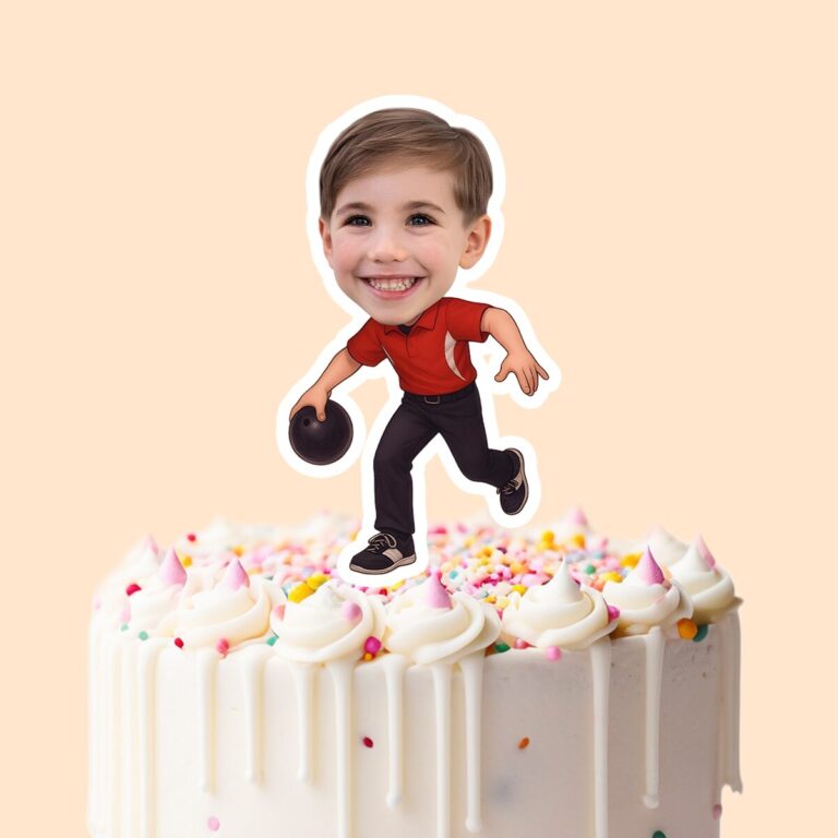 Custom Bowler Carrying a Dark Ball Face Cutout – Cake Topper Custom Bowler Carrying a Dark Ball Face Cutout shown on a cake topper mockup