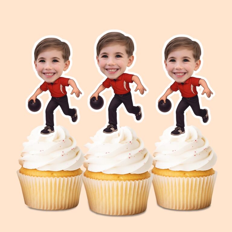 Custom Bowler Carrying a Dark Ball Face Cutout – Cupcake Topper Custom Bowler Carrying a Dark Ball Face Cutout shown on a cupcake topper mockup