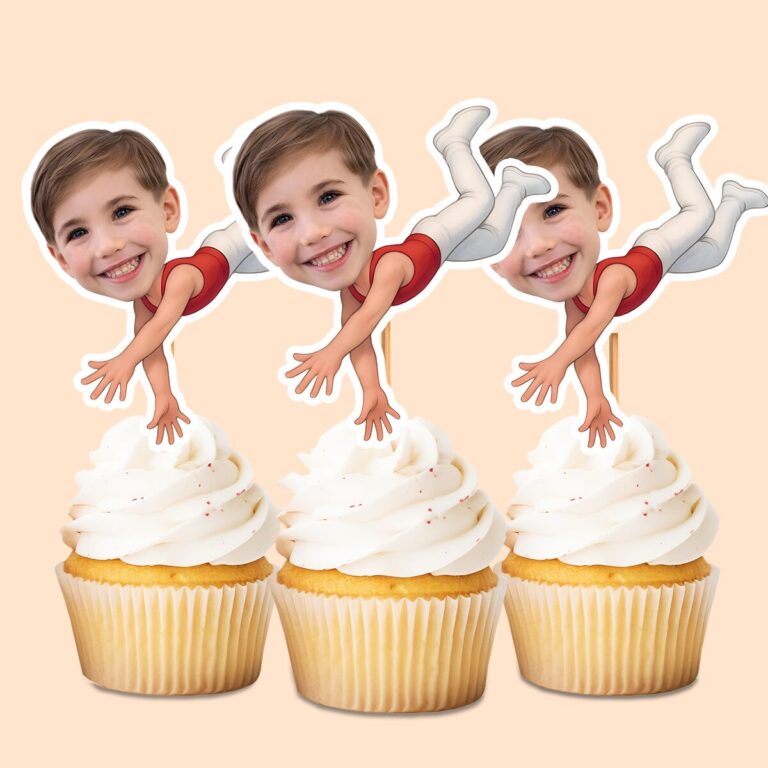 Custom Circus Acrobat in a Handstand Face Cutout – Cupcake Topper Custom Circus Acrobat in a Handstand Face Cutout shown on a cupcake topper mockup