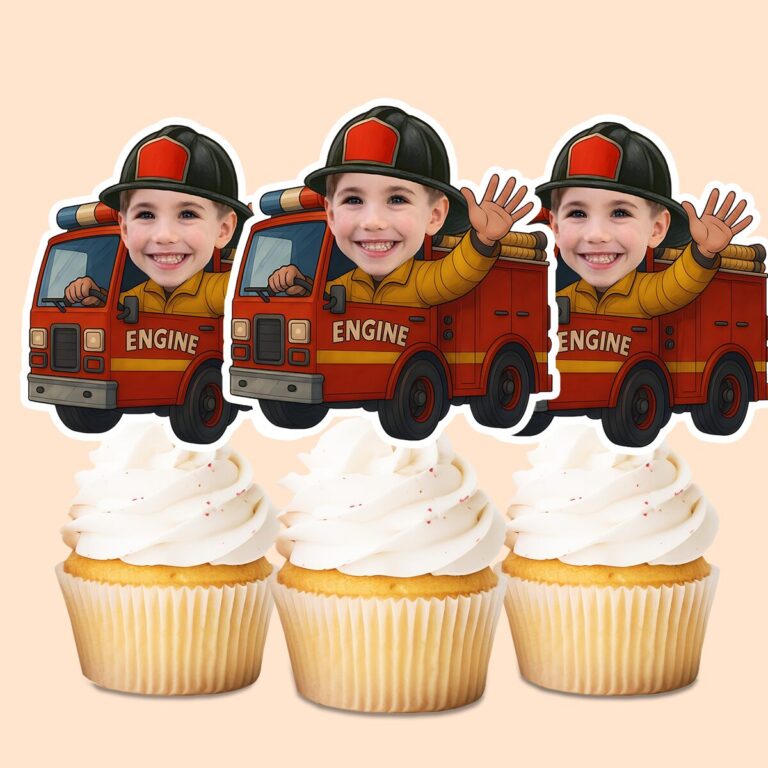 Custom Firefighter Black Firefighter Helmet Face Cutout – Cupcake Topper Custom Firefighter Black Firefighter Helmet Face Cutout shown on a cupcake topper mockup