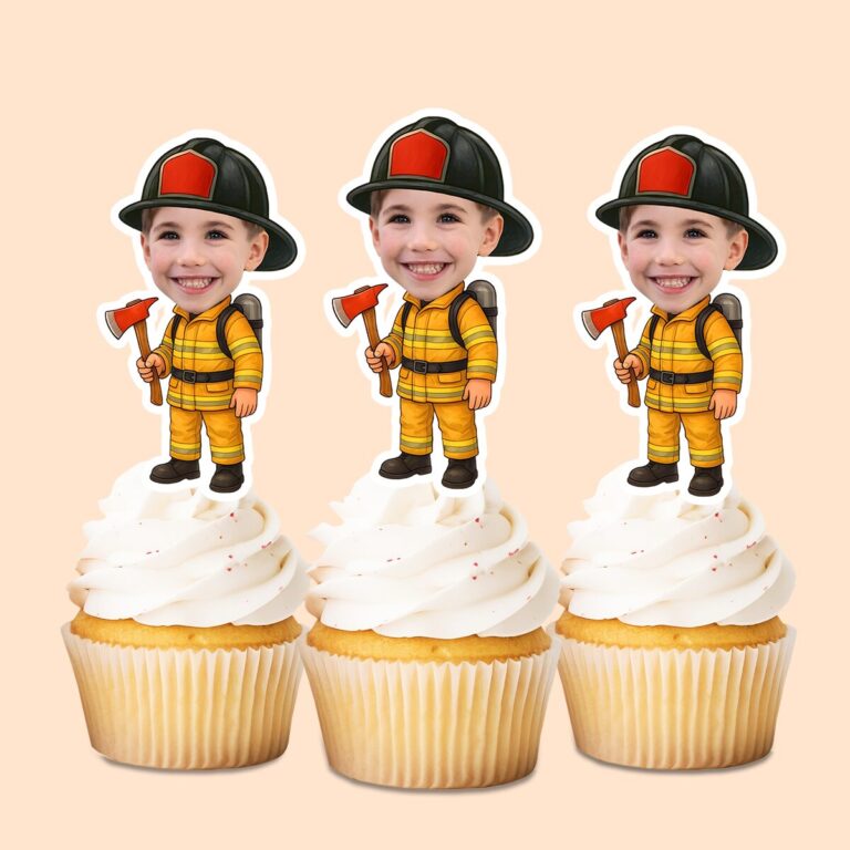 Custom Firefighter Holding an Axe Face Cutout – Cupcake Topper Custom Firefighter Holding an Axe Face Cutout shown on a cupcake topper mockup