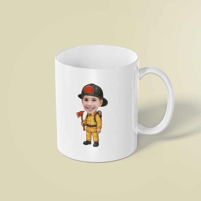 Custom Firefighter Holding an Axe Face Cutout – Mug Custom Firefighter Holding an Axe Face Cutout shown on a mug mockup