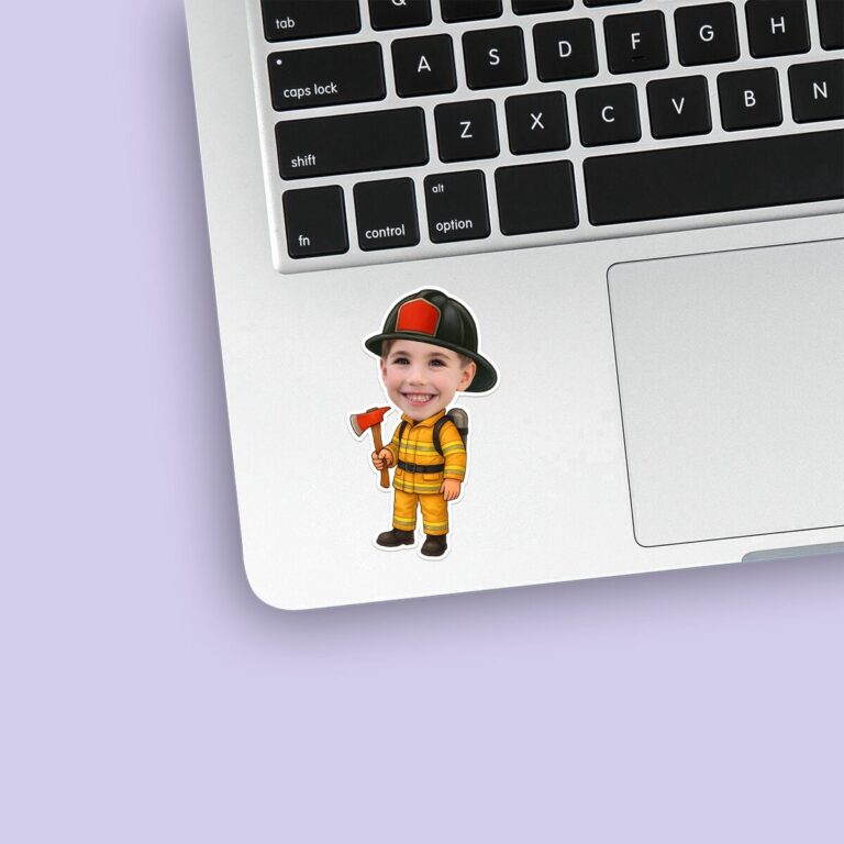 Custom Firefighter Holding an Axe Face Cutout – Sticker Custom Firefighter Holding an Axe Face Cutout shown on a sticker mockup