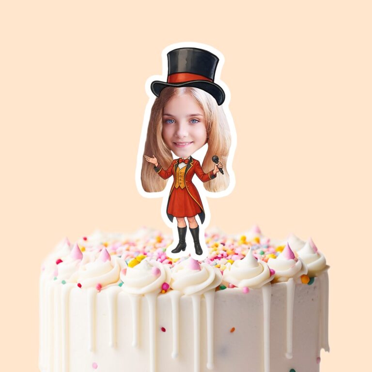 Custom Female Circus Ringmaster Presenting Face Cutout – Cake Topper Custom Female Circus Ringmaster Presenting Face Cutout shown on a cake topper mockup