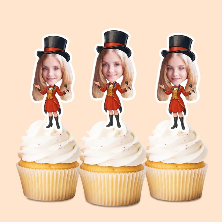 Custom Female Circus Ringmaster Presenting Face Cutout – Cupcake Topper Custom Female Circus Ringmaster Presenting Face Cutout shown on a cupcake topper mockup