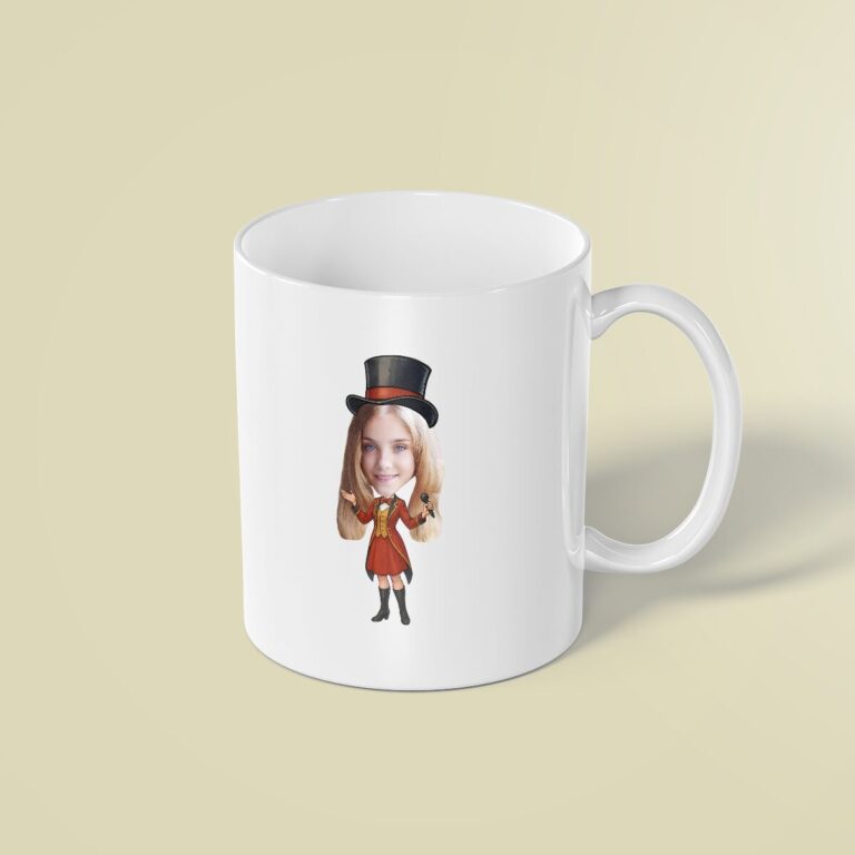 Custom Female Circus Ringmaster Presenting Face Cutout – Mug Custom Female Circus Ringmaster Presenting Face Cutout shown on a mug mockup