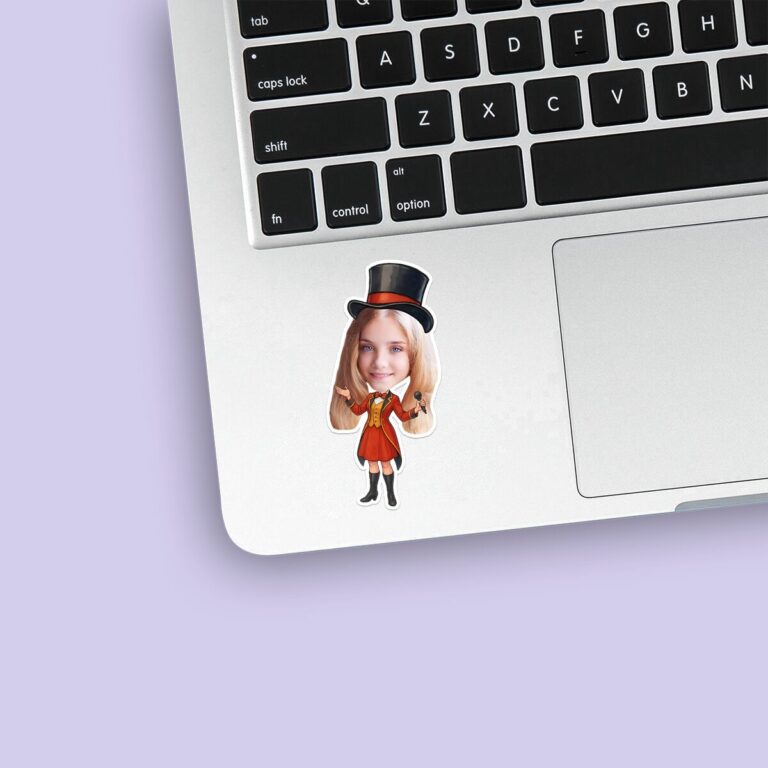 Custom Female Circus Ringmaster Presenting Face Cutout – Sticker Custom Female Circus Ringmaster Presenting Face Cutout shown on a sticker mockup