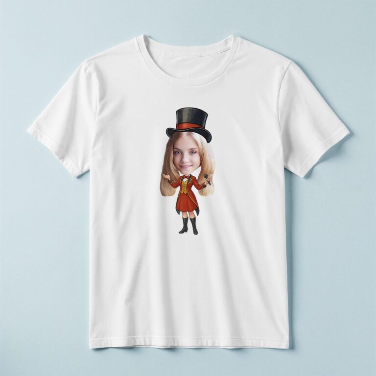 Custom Female Circus Ringmaster Presenting Face Cutout – T-shirt Custom Female Circus Ringmaster Presenting Face Cutout shown on a T-shirt mockup