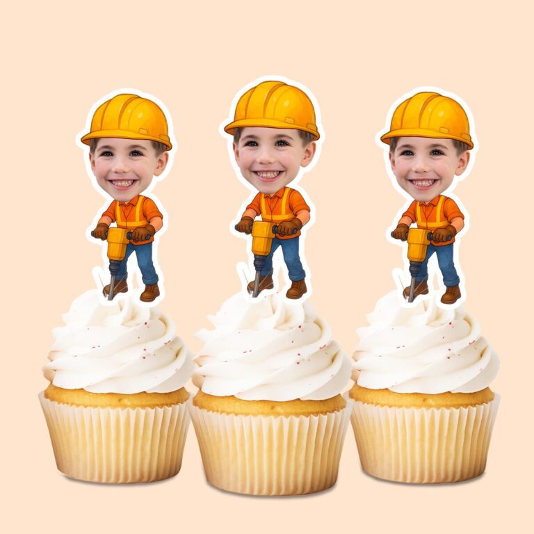 Custom Construction Worker Using a Jackhammer Face Cutout – Cupcake Topper Custom Construction Worker Using a Jackhammer Face Cutout shown on a cupcake topper mockup