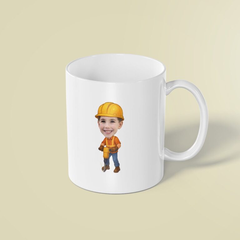 Custom Construction Worker Using a Jackhammer Face Cutout – Mug Custom Construction Worker Using a Jackhammer Face Cutout shown on a mug mockup