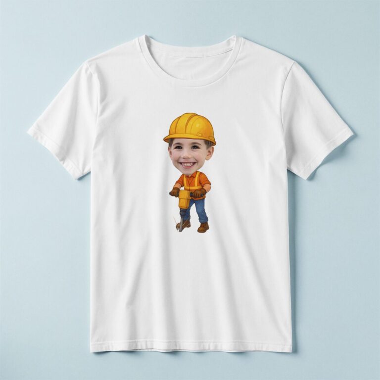 Custom Construction Worker Using a Jackhammer Face Cutout – T-shirt Custom Construction Worker Using a Jackhammer Face Cutout shown on a T-shirt mockup